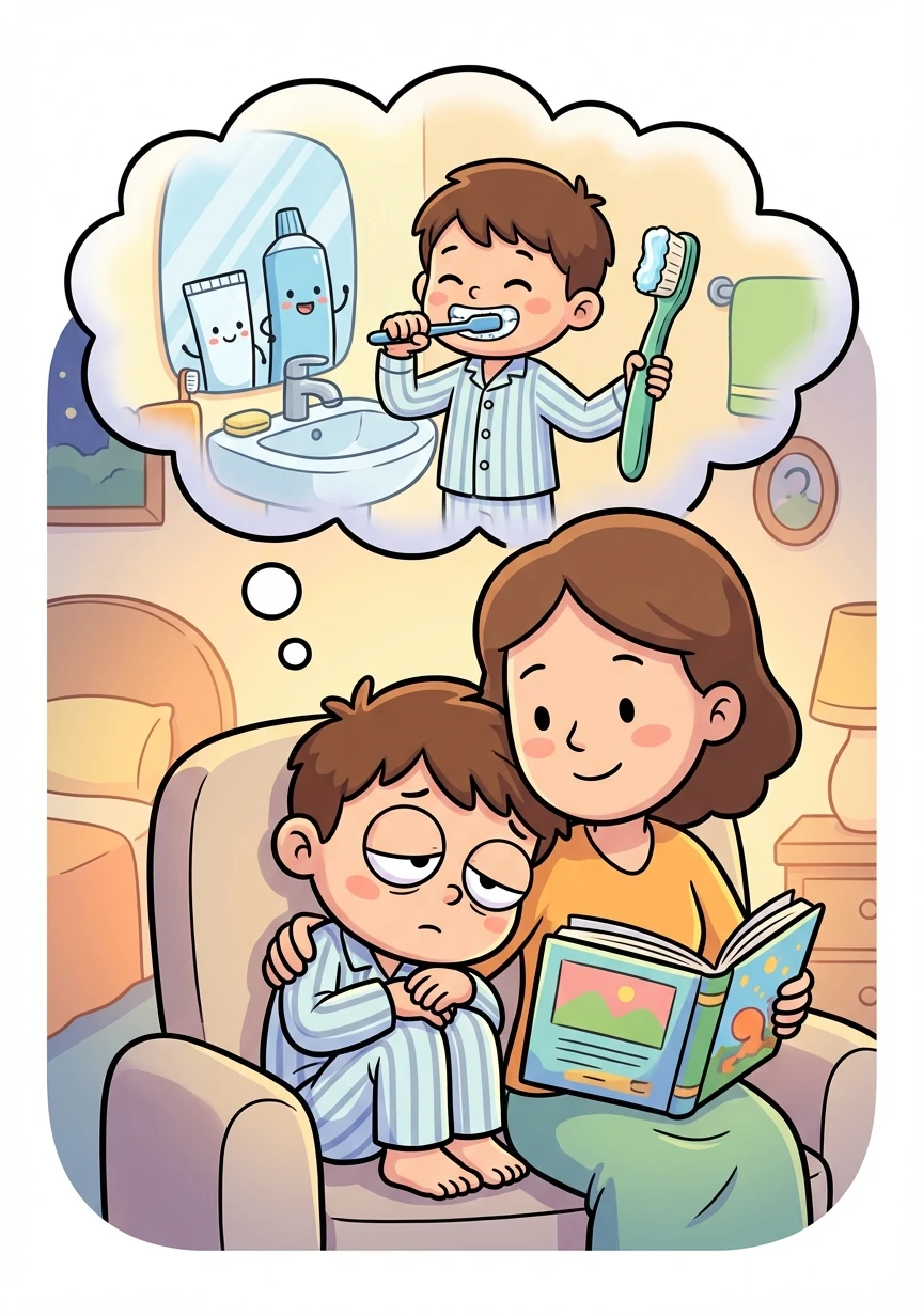 Finally, Tommy reads a book with his mom. He snuggles close and drifts off to sleep, dreaming of good habits.