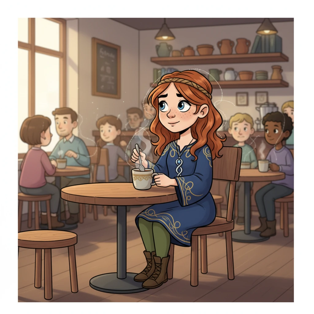 Elara, a young woman with deep, thoughtful eyes, sits alone in a bustling coffee shop. She sips her tea, a faint melancholic smile on her face as she observes the people around her, each with their own unseen, shimmering thread.
