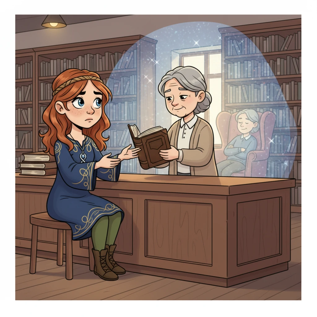 A kind-faced elderly librarian approaches Elara to return a book. As their eyes meet, Elara sees a vivid, peaceful image of the librarian gently falling asleep in her armchair, surrounded by books, decades from now. A wave of serene sadness washes over Elara.