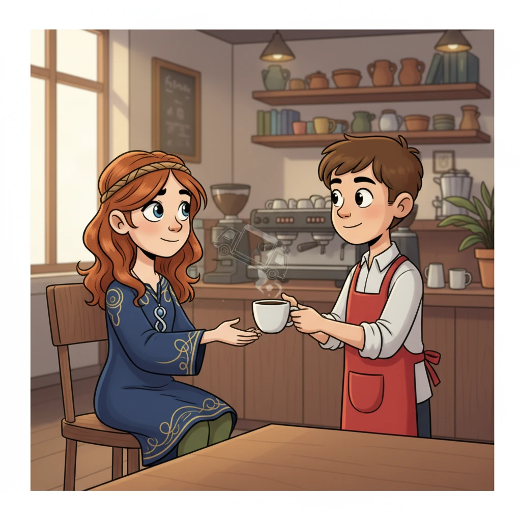 The barista, a cheerful young man with a bright red apron, hands Elara her order. Their brief eye contact reveals a flash of a sudden, unexpected accident involving a runaway delivery truck, a tragedy only a few years away. Elara's hand trembles slightly.