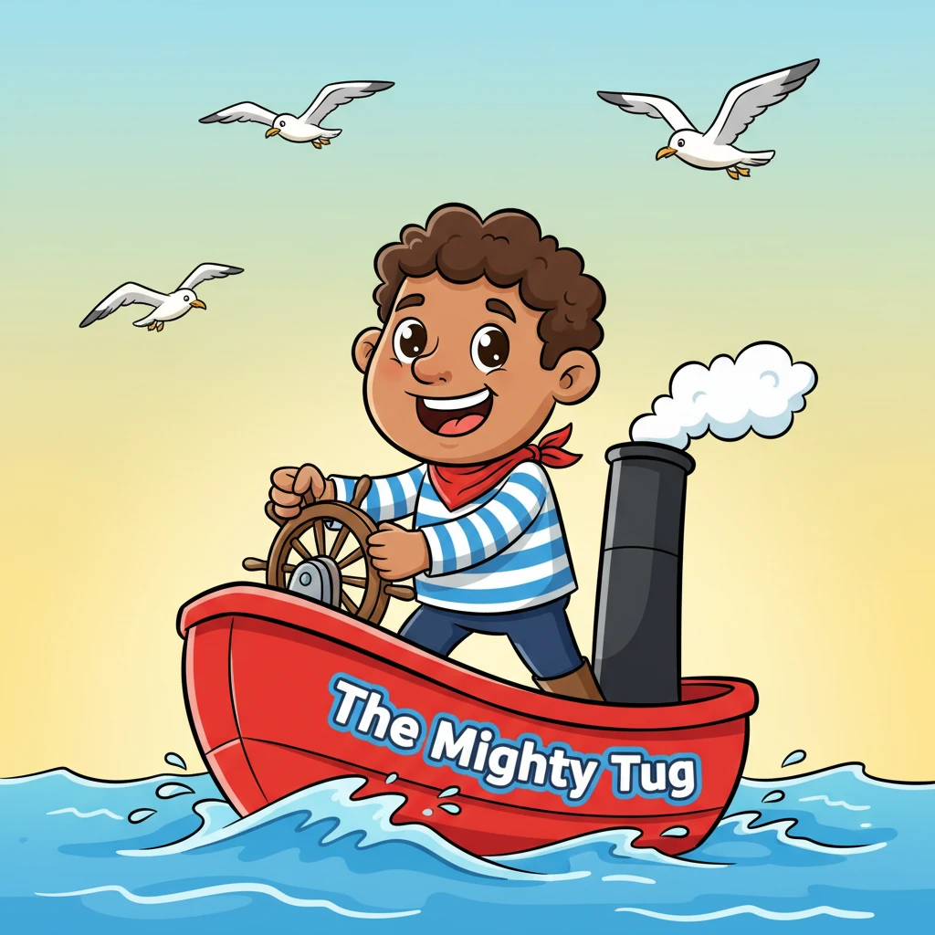 Sailor Sam, a cheerful fellow with a big smile and a striped shirt, stands proudly on the deck of his bright red tugboat, "The Mighty Tug." He navigates through sparkling blue waters, as playful seagulls soar gracefully overhead, welcoming the new day.