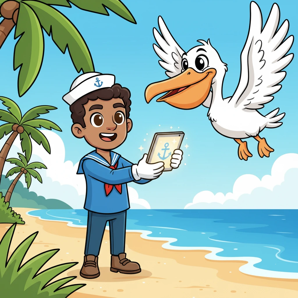 Suddenly, a friendly pelican with a knowing wink swoops down to deliver a glowing, rugged tablet to Sam. The tablet, adorned with a cartoon anchor logo, twinkles with possibility, fitting perfectly and securely in his gloved hands.