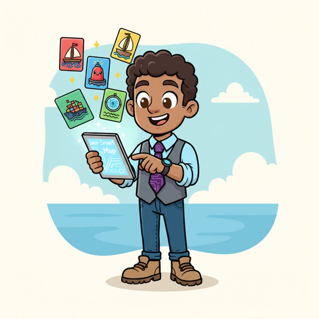 With a curious grin, Sam taps the tablet's screen, and it instantly transforms into a vibrant "Sea-Smart Map." Large, colorful cards pop up, displaying animated icons of ships, buoys, and swirling currents, all neatly organized for his view.