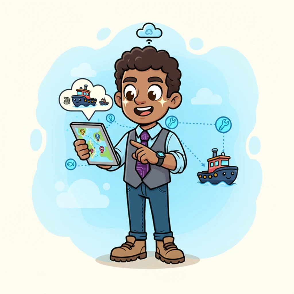 At the top of the map, a big, bubbly dropdown menu appears. Sam cheerfully taps on a cartoon icon of "The Mighty Tug," and the map instantly filters, showing only his boat's specific and important tasks for the day.