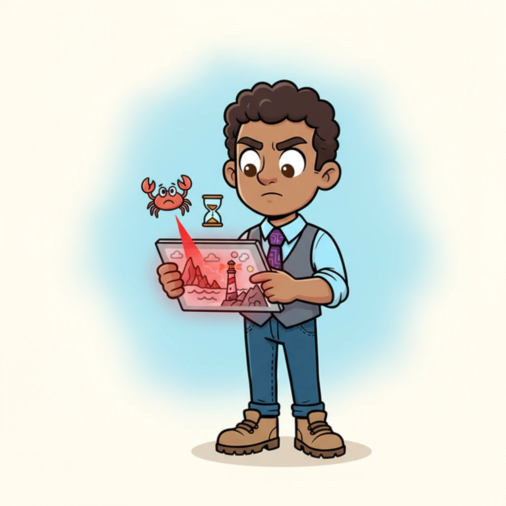 A section of the map suddenly glows bright red, urgently labeled "Sea-Snarls!" A small, worried-looking crab icon points to an overdue task: a lighthouse bulb needs changing immediately to guide ships safely. Sam's eyes widen in determined focus.