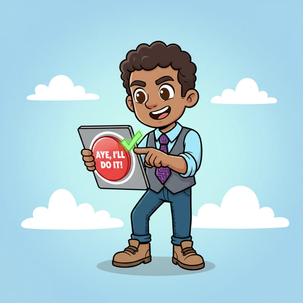 With a confident grin, Sam taps a giant, shiny "Aye, I'll Do It!" button on the tablet. The red glow on the map softens, and a satisfying checkmark appears, signaling he has bravely taken on the urgent lighthouse task.