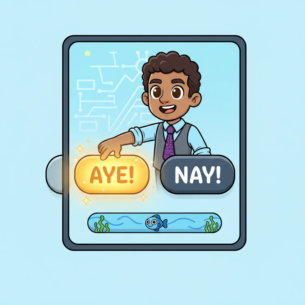 Two enormous, friendly buttons appear on the screen: "Aye!" and "Nay!" Sam confidently presses the "Aye!" button, which glows brightly and then gracefully slides off-screen as the next question magically fades in. A little fish swims forward on a progress bar, showing his journey.