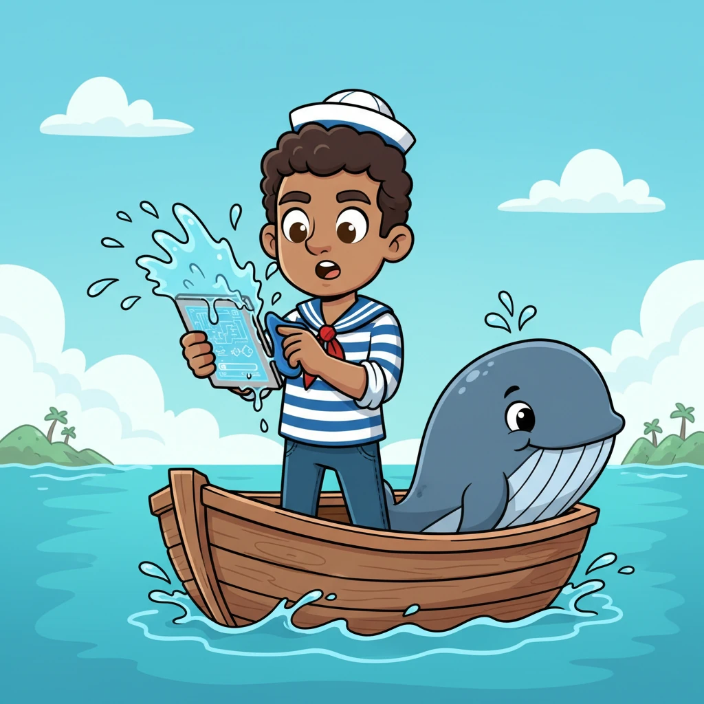 A sudden splash of water from a playful, mischievous whale covers the tablet! Sam quickly wipes it clean with his sleeve, and to his delight, the "Adventure Scroll" is still exactly on the same question, with the little fish still swimming along the progress bar, undisturbed.