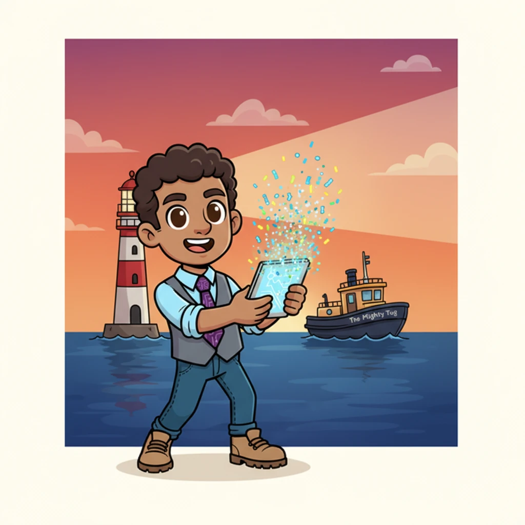 Sam completes the final question of the "Adventure Scroll," and the tablet bursts into a shower of digital confetti, celebrating his success. He looks out at the now brightly shining lighthouse, "The Mighty Tug" sailing proudly, knowing his Sea-Smart Tablet helped keep the ocean safe and sound for everyone.