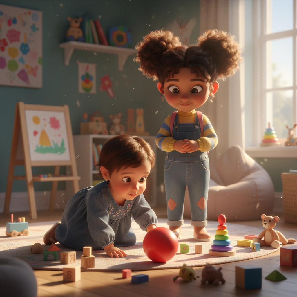 The morning sun streamed into a cozy playroom, illuminating a rainbow of toys. Two-year-old Hoor, with her bright, curious eyes and short, wispy hair, was already exploring, while her four-year-old sister Mariam, a little taller and full of playful ideas, watched over her with a sweet smile. Their day of adventure was just beginning.