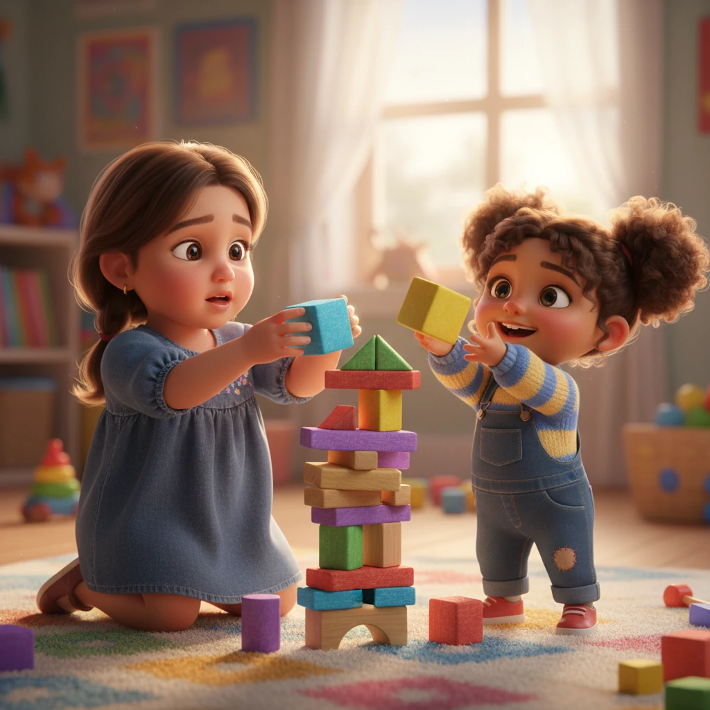 Mariam carefully stacked a vibrant blue block onto a wobbly tower, her tongue peeking out in concentration. Hoor, small and determined, reached up with both tiny hands, her face beaming as she tried to place a yellow cube on top, giggling when it almost tumbled. Their shared creation grew taller with each focused effort.