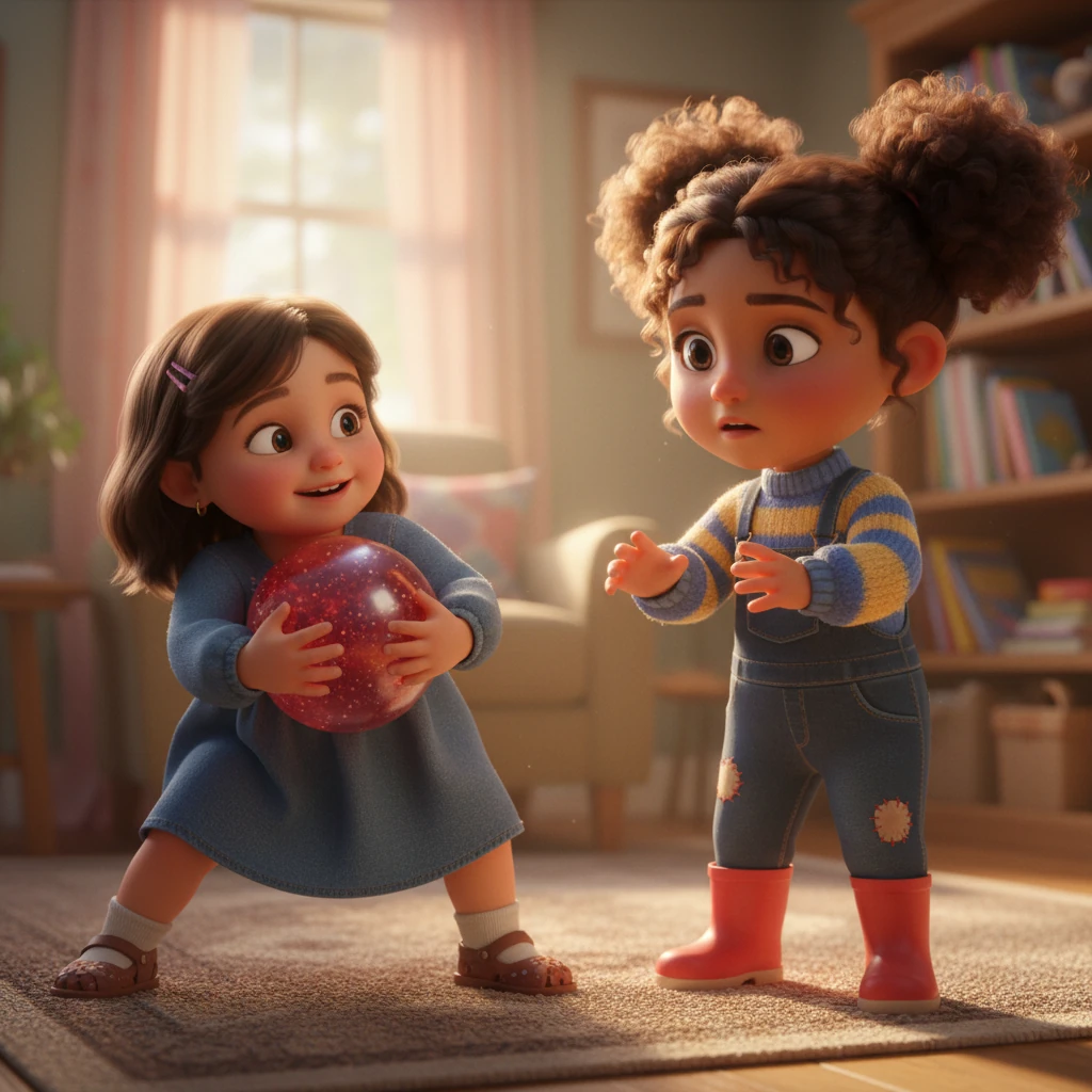 A sparkling red bouncy ball rolled playfully across the rug, catching Hoor's immediate attention. With a swift, uncoordinated lunge, she scooped it up, clutching it possessively to her chest. Mariam, who had been about to retrieve it for a game of catch, paused, a hint of disappointment flickering in her eyes.