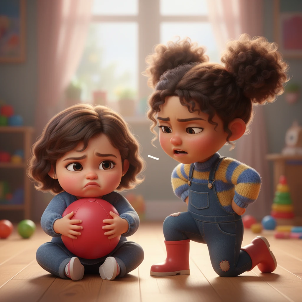 Hoor, her short hair bouncing, sat firmly on the floor, hugging the red ball tightly as Mariam gently tried to pry her fingers open. A deep pout formed on Hoor's face, her lower lip trembling, while Mariam, with hands on her hips, expressed her frustration through a dramatic sigh and a stomped foot, "My turn!"