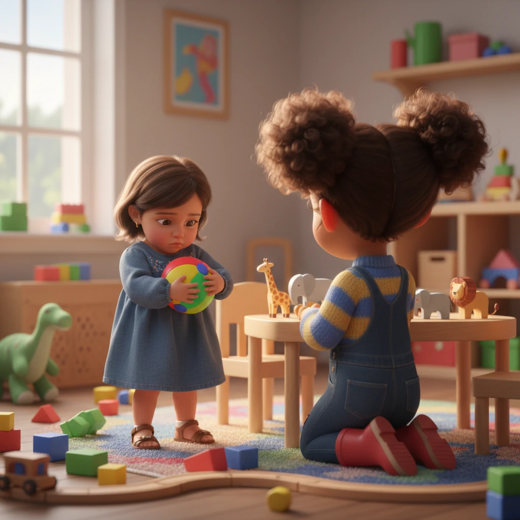 A sudden quiet fell over the playroom. Hoor, still clutching the ball, looked down at it, her earlier defiance replaced by a small, uncertain frown. Mariam, turning her back, began to meticulously arrange a line of toy animals, but every now and then, her gaze would drift back towards her little sister, a silent question in her eyes.