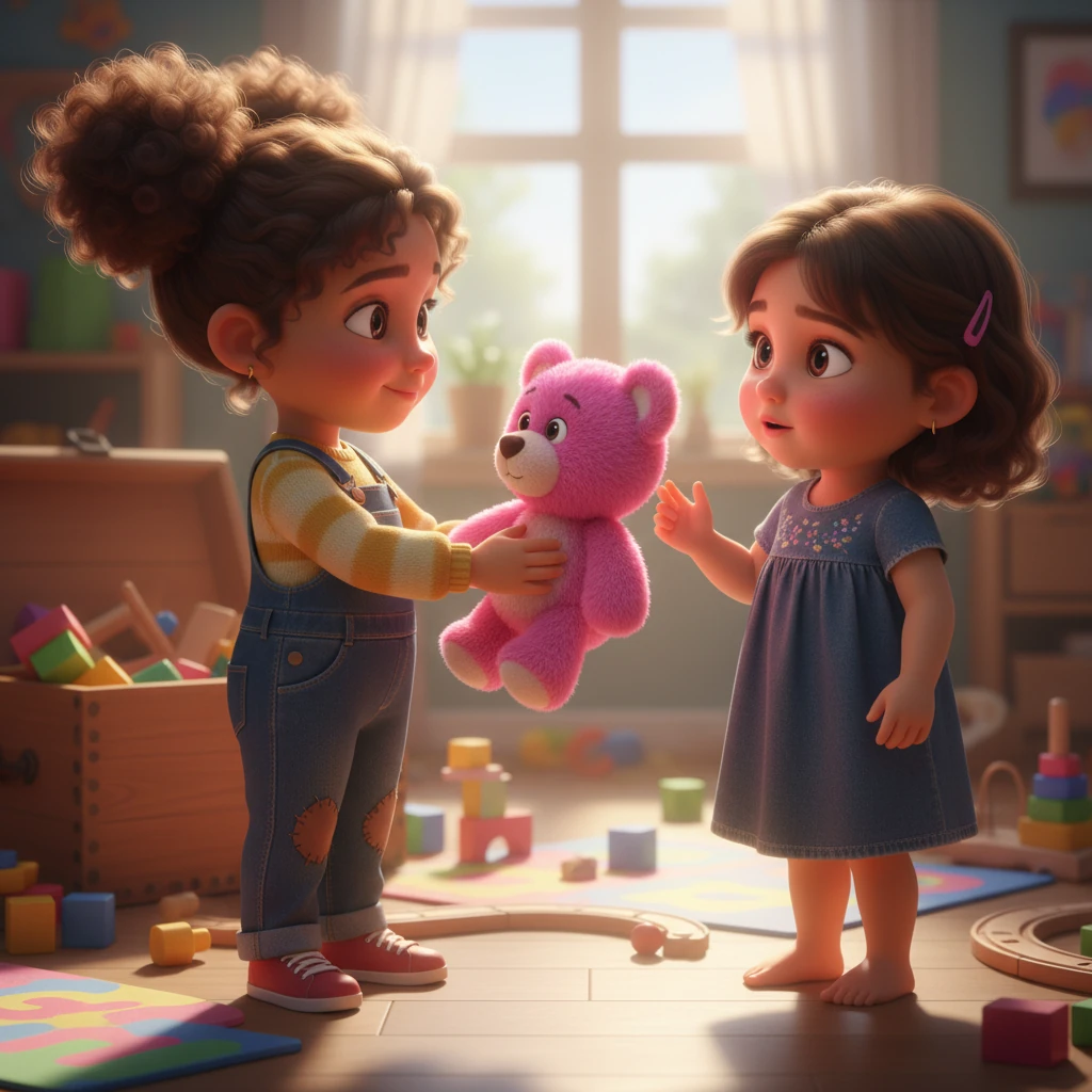 Mariam, with a soft sigh, picked up a fluffy pink teddy bear from the toy box. She turned back to Hoor, extending the bear with a gentle, hopeful smile, her frustration replaced by a desire for peace. "Want to cuddle Teddy, Hoor?" she whispered, offering a truce.