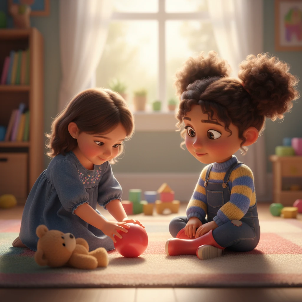 Hoor's face slowly transformed, her frown melting into a tentative smile. She carefully placed the red ball down, reaching out for the soft teddy bear. Then, with a shy glance at Mariam, she pushed the red ball gently towards her sister, an unspoken apology and invitation to play.