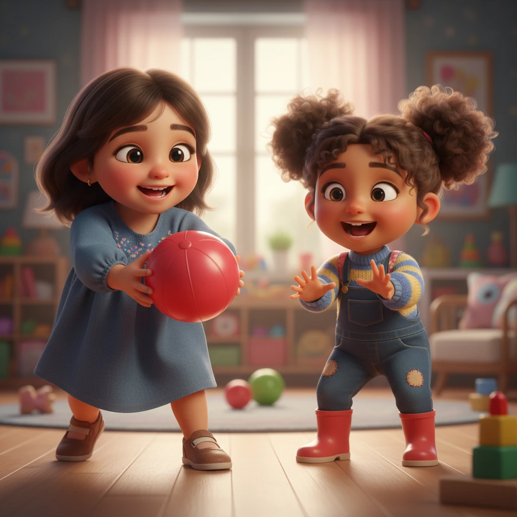 Mariam's eyes lit up, a wide grin spreading across her face as she scooped up the red ball. "Yay!" she exclaimed, then gently tossed it to Hoor, who squealed with delight. The sisters were once again chasing the bouncy ball around the room, their laughter echoing, louder and happier than before.