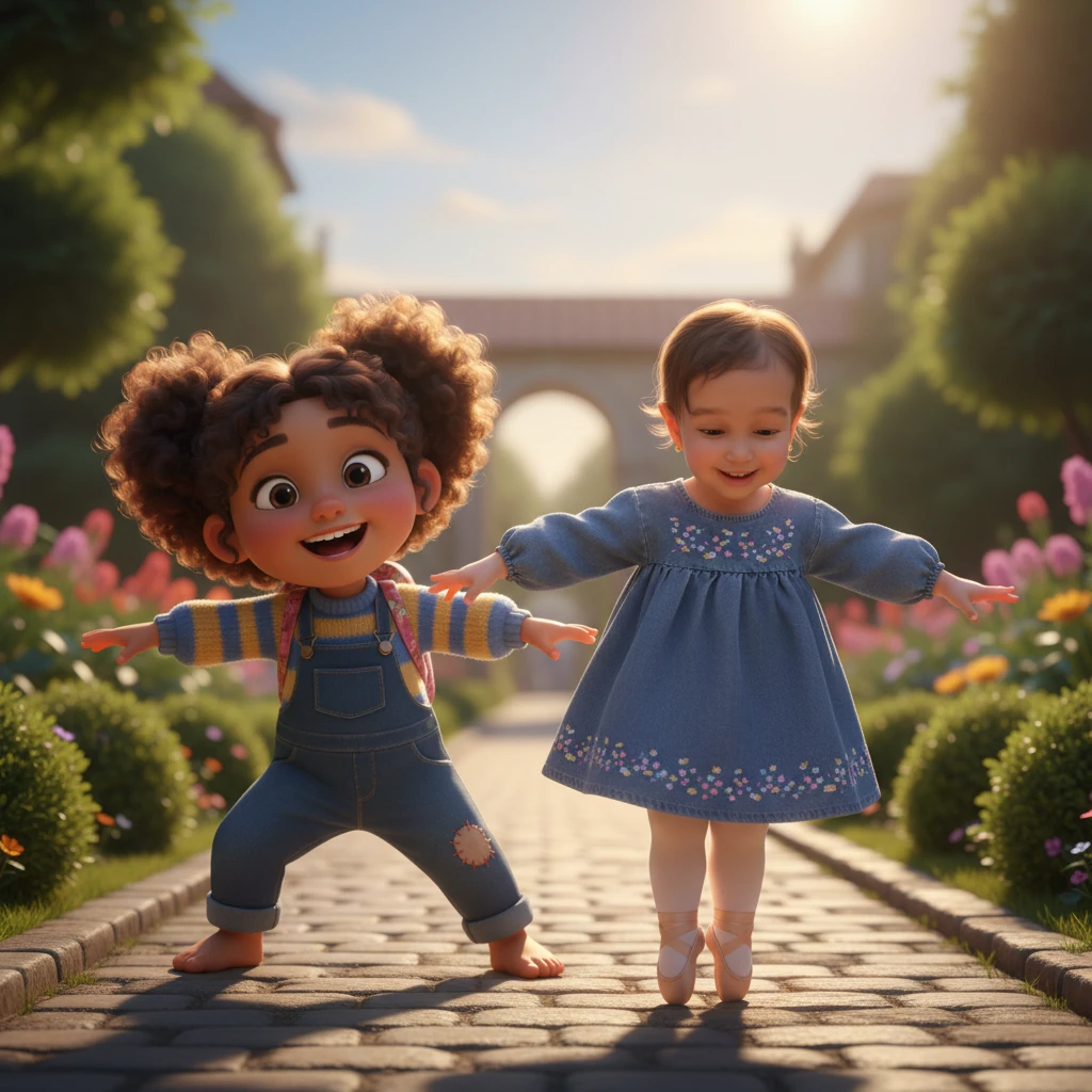 Their energy renewed, Mariam started a game of "follow the leader," tiptoeing on her toes like a graceful ballerina. Hoor, with her tiny legs and short hair bobbing, clumsily but enthusiastically tried to mimic every move, stumbling and giggling, thrilled to be playing together again.