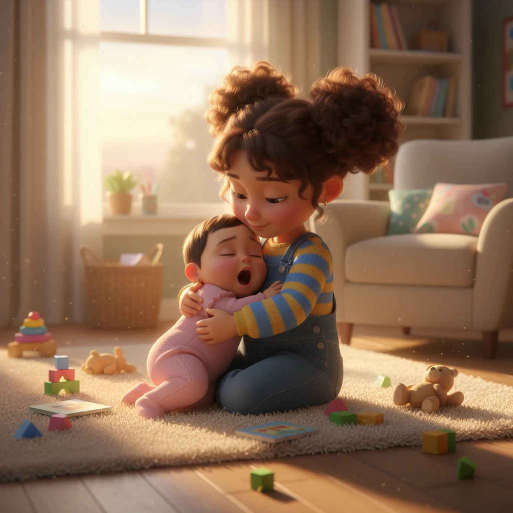 As the afternoon sun began to set, casting long, warm shadows, Hoor and Mariam snuggled close on a plush rug, surrounded by their now-scattered toys. Mariam gently hugged her sleepy little sister, who yawned contentedly, their day of play, squabbles, and making up ending in a peaceful, loving embrace, their bond shining bright.