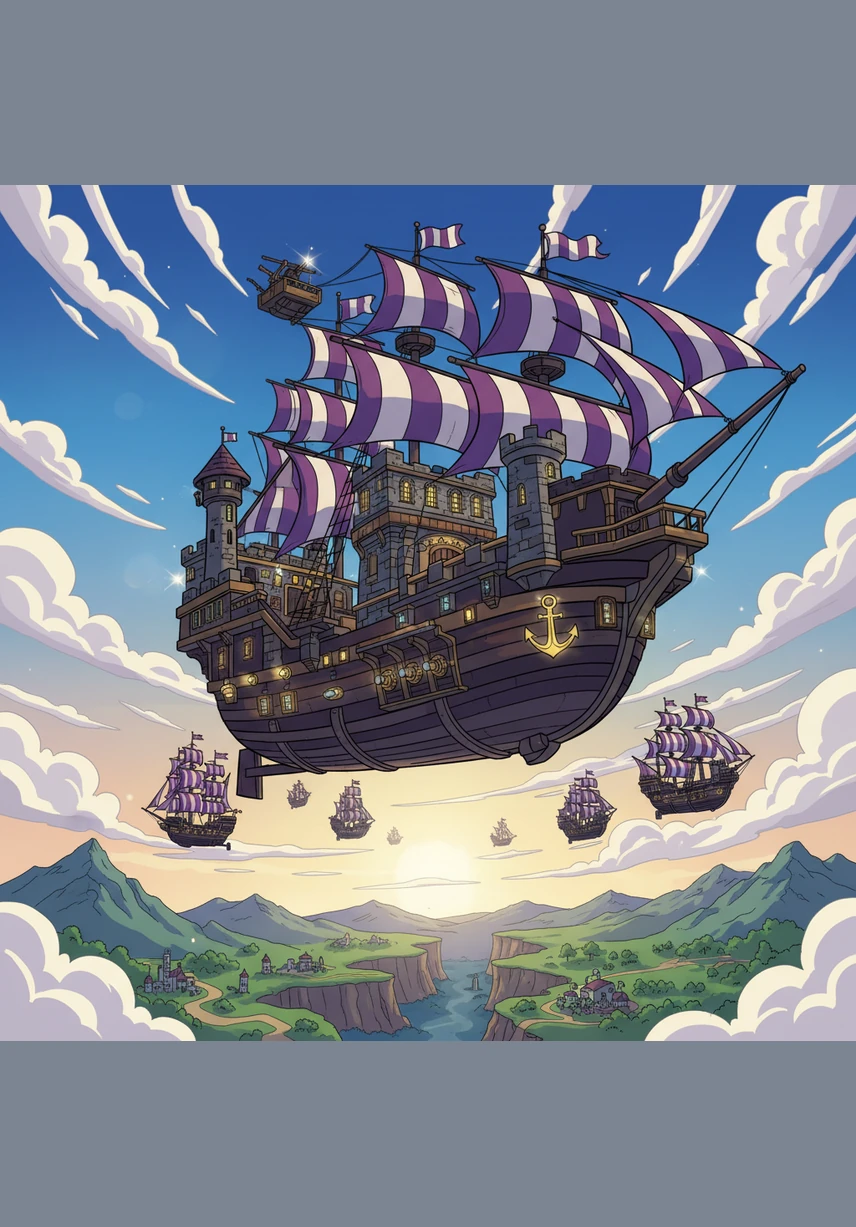 The Brave Olivine has transformed into a colossal sky fortress, ten times its original size, casting a shadow over the sparkling ocean as it heads toward the Kanto region. A massive glass dome atop the ship houses a lush, thriving ecosystem where Pokémon of all types roam freely among waterfalls and fruit-bearing trees.