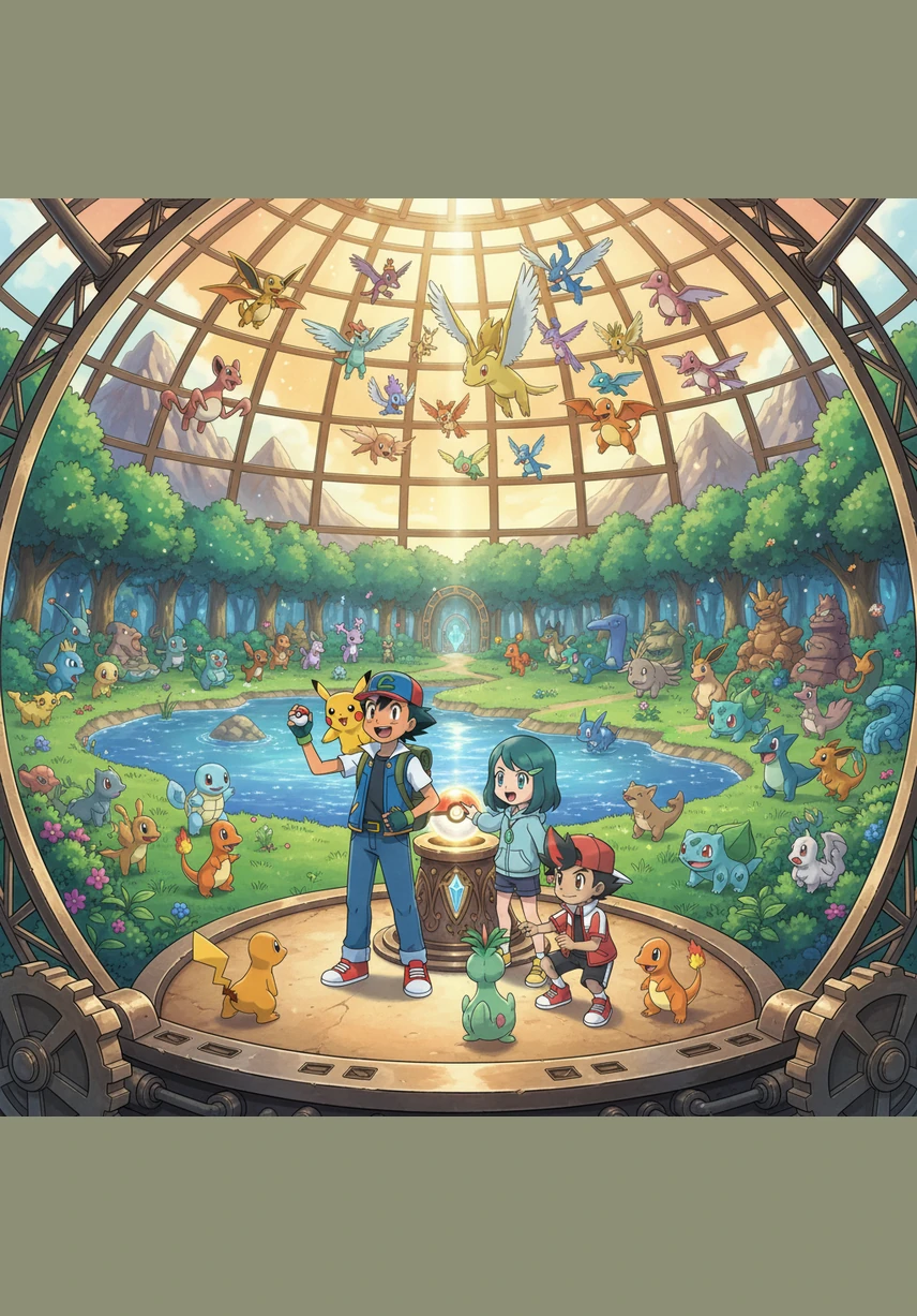 Inside the grand dome, Goh and Dot monitor the automated systems that provide fresh, flowing water and nutritious food for the hundreds of Pokémon living aboard. Pikachu and Sprigatito play near a crystal-clear lake while the Rising Volt Tacklers ensure every creature feels at home in this mobile paradise.
