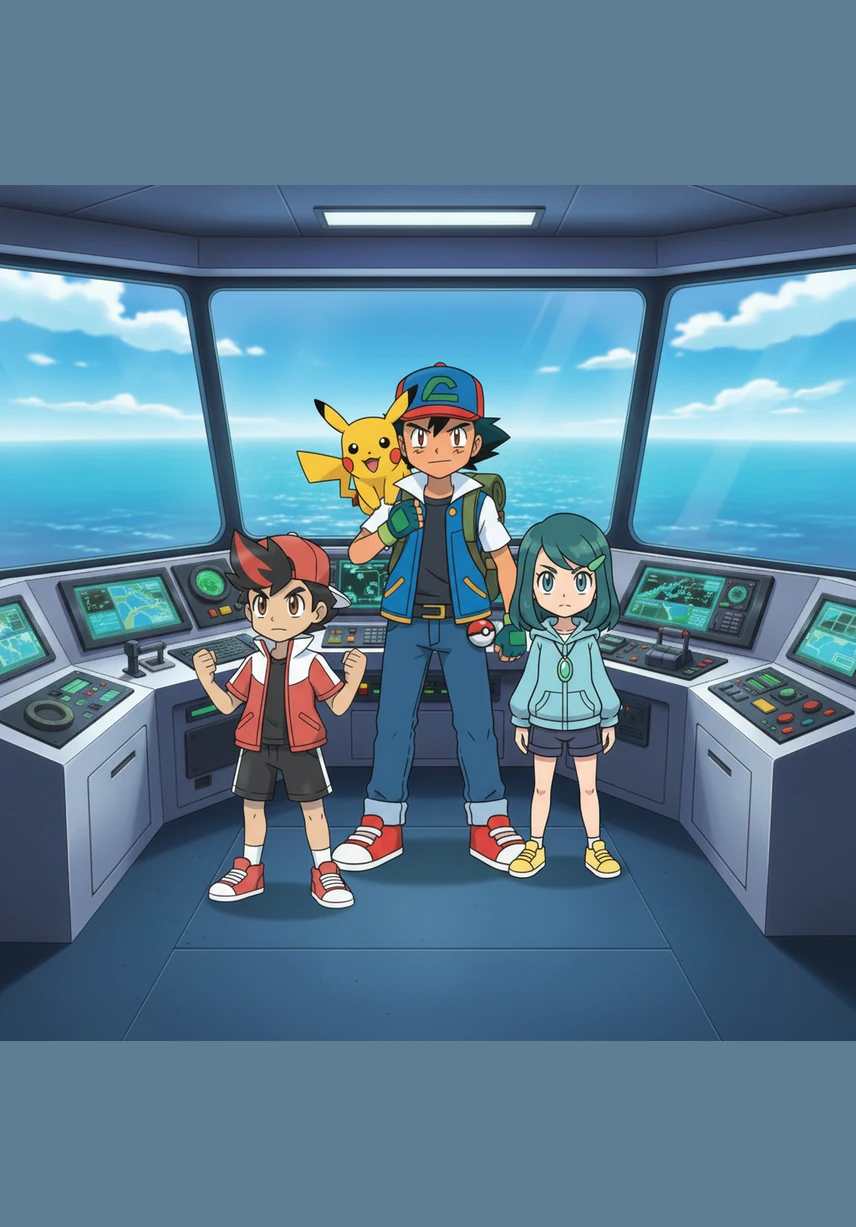 On the command bridge, Ash Ketchum stands alongside Liko and Roy, their eyes fixed on the horizon where the familiar cliffs of Kanto begin to appear. Surrounding them are friends from every journey—Misty, Brock, Dawn, and the entire crew—all united to sharpen their skills for the ultimate challenge.