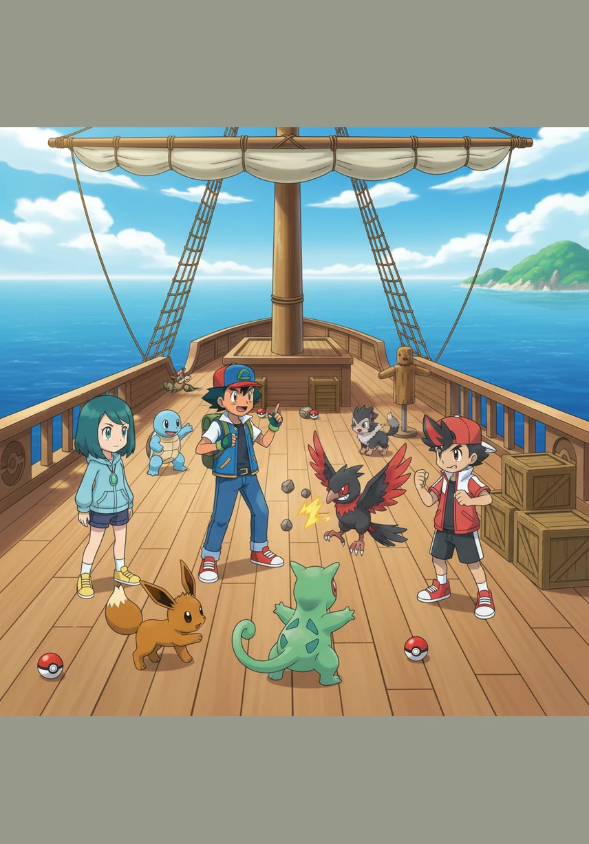 Training sessions erupt across the ship’s expansive decks, with Paul and Gary Oak providing stern but helpful critiques to the younger trainers. Ash leads a group exercise, showing Liko and Roy how to synchronize their hearts with their Pokémon just as he did during his many adventures.