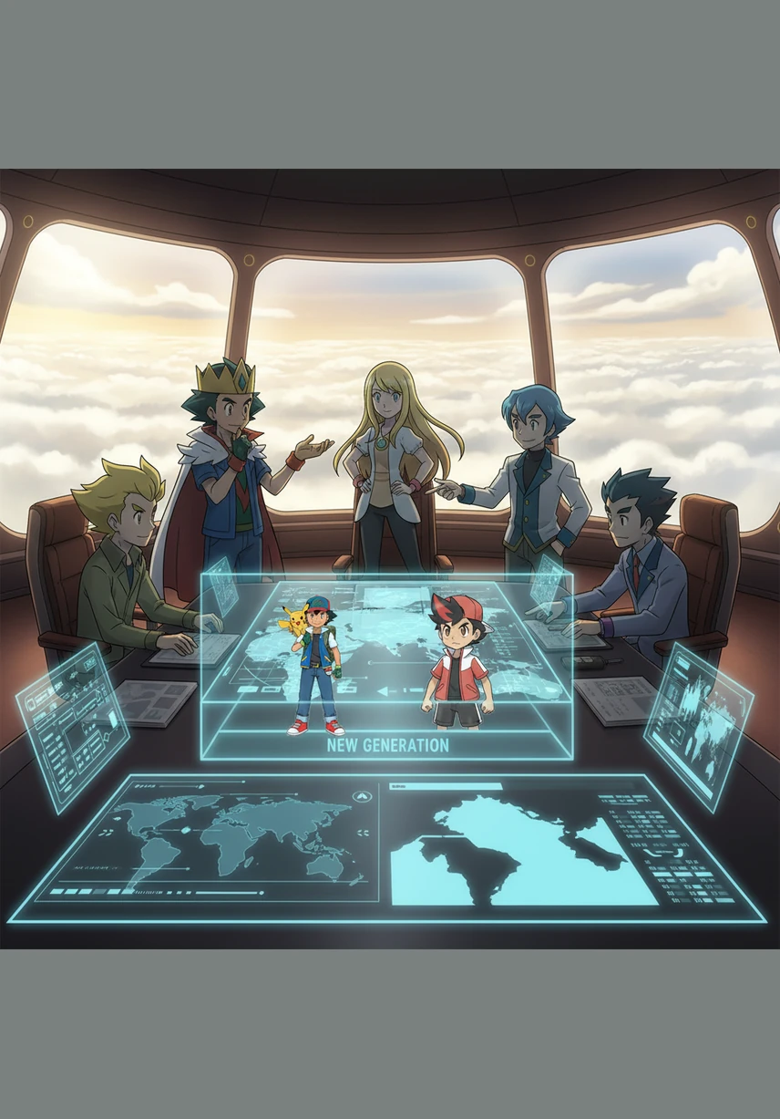 High above the clouds, a grand meeting takes place in the ship’s strategy room between the reigning champions like Leon, Cynthia, and Steven Stone. They discuss the rising level of competition, acknowledging that this new generation of trainers, backed by the experience of the old, is truly formidable.