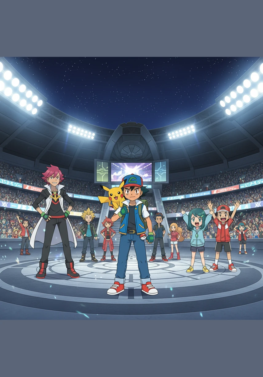 The Indigo Plateau looms ahead, glowing under the stadium lights as the new Master Class tournament begins. Ash, Leon, and the other top-ranked trainers prepare for the most intense battles of their lives, watched by every friend they have made along the way.
