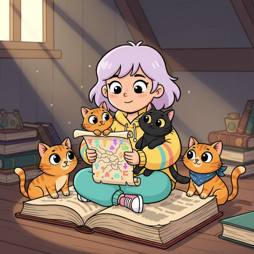 Atiye, eski bir kitabın tozlu sayfaları arasında kıvrılmış, rengarenk sembollerle dolu esrarengiz bir parşömen buldu. Kediler hemen etrafında toplandı, meraklı gözlerle haritayı inceliyorlardı. Sanki bir sır fısıldıyordu onlara bu harita.