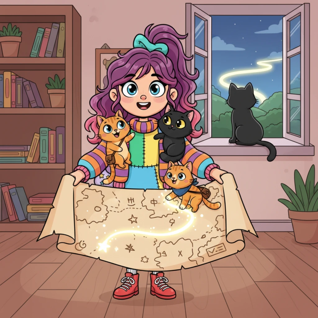 Haritanın üzerinde garip işaretler ve parlak bir yol vardı. Atiye haritayı dikkatlice açarken, Meryem patisiyle haritanın bir köşesini tırmaladı ve Alican haritanın gösterdiği yöne doğru pencereden dışarı baktı. Üçlü, bu gizemli yolculuğa çıkmaya karar verdi, kalpleri heyecanla çarpıyordu.