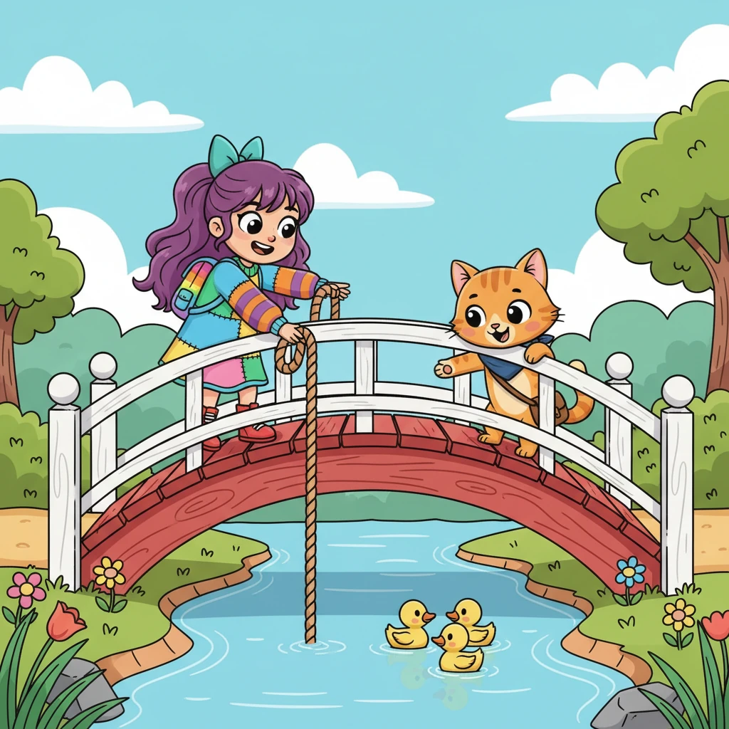 Bahçeden sonra harita, onları küçük bir derenin üzerindeki sevimli, kırmızı bir köprüye çıkardı. Köprünün altından ördekler sakin sakin geçerken, Alican onları yakalamak için hevesle patisini uzattı. Meryem ise köprüden aşağı sallanan bir ipi yakalamaya çalışıyordu.