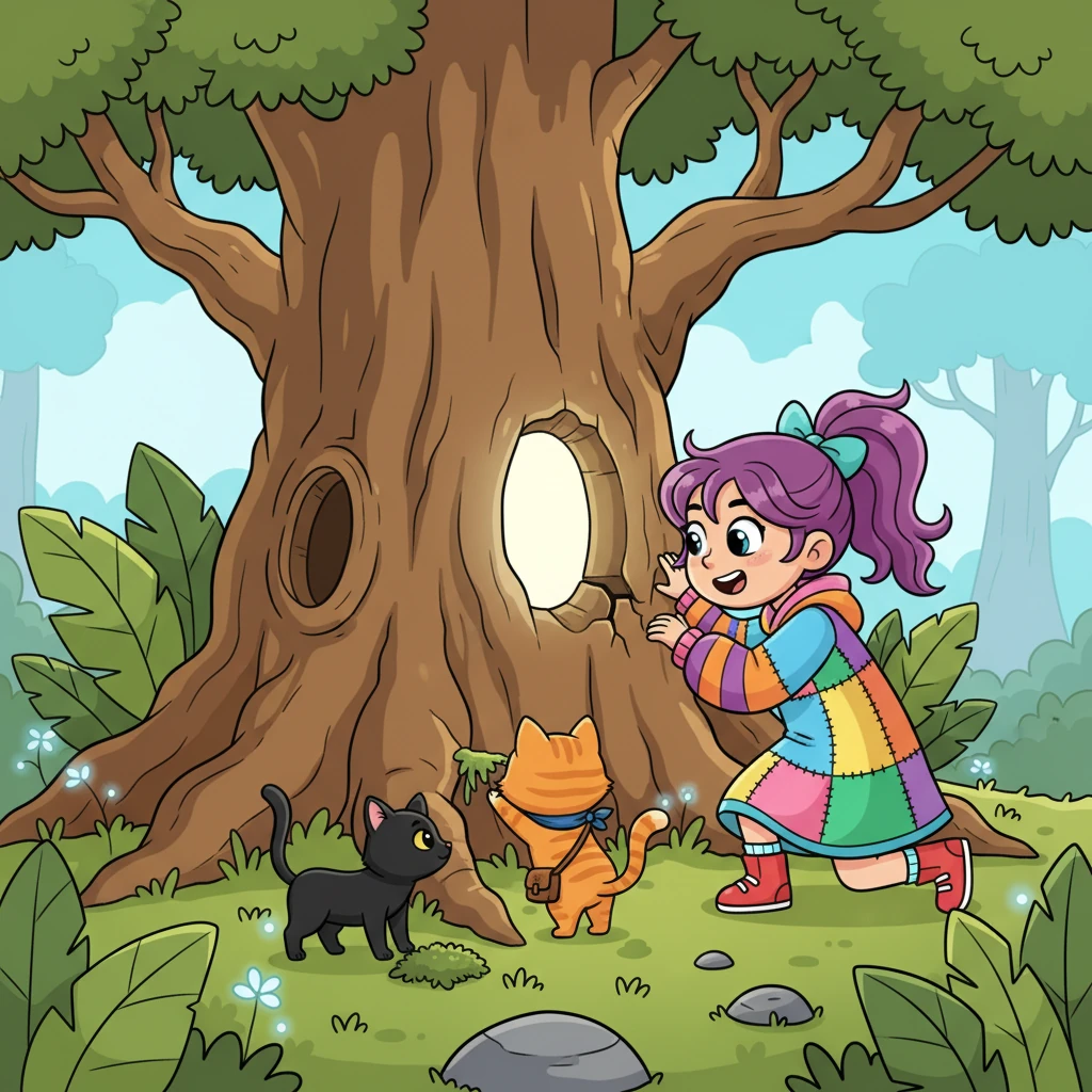 Köprüyü geçtikten sonra, harita onları şekliyle dikkat çeken, devasa, yaşlı bir ağacın yanına götürdü. Ağacın gövdesindeki kovuktan hafif bir ışıltı yayılıyordu. Meryem ve Alican, bu gizemli ağacın etrafında keşfe çıktılar, burunlarını her deliğe sokuyorlardı.