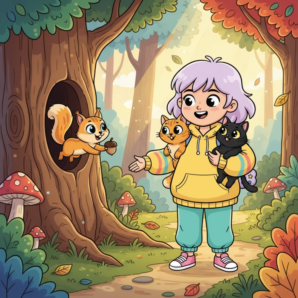 Ağacın kovuğundan sevimli, pırıl pırıl gözlü bir sincap çıktı ve onlara neşeyle baktı. Sincap, Atiye'ye küçük bir meşe palamudu uzattı ve sanki onlara yolu gösteriyormuş gibi zıplayarak ilerledi. Atiye ve kedileri, yeni arkadaşlarıyla birlikte onu takip etmeye karar verdiler.