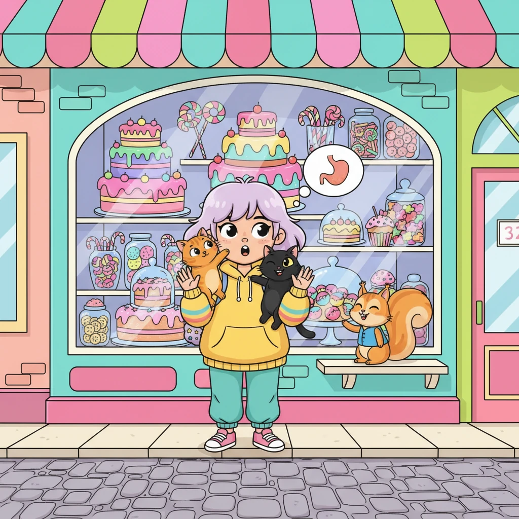 Sincap onları şehrin en tatlı, rengarenk şekerleme dükkanına götürdü. Vitrinde göz kamaştırıcı pastalar ve şekerler sergileniyordu. Atiye'nin karnı guruldadı, kediler de içerideki tatlı kokuları merakla kokluyordu, patileriyle camı tırmalıyorlardı.