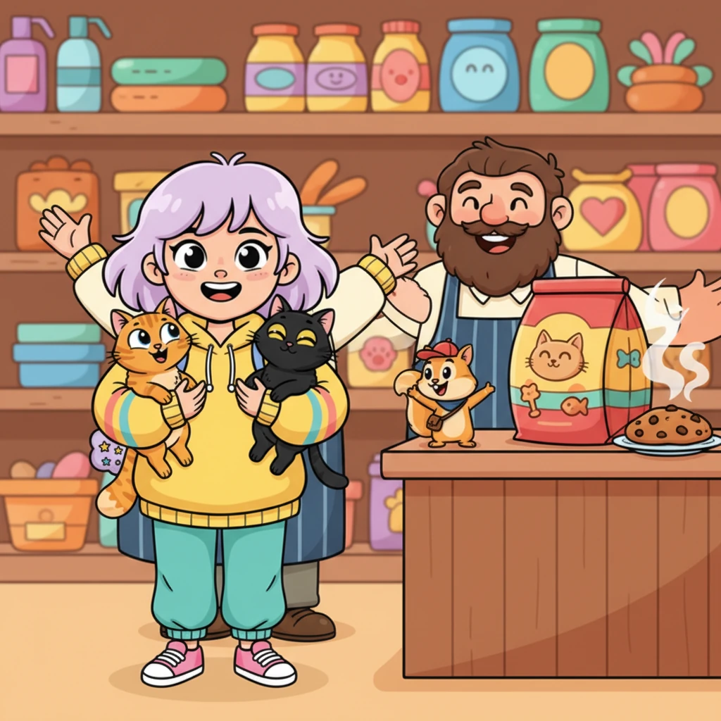 Dükkanın sahibi, Atiye ve kedilerini gülümseyerek karşıladı. Sincapın da yardımıyla, Atiye ve kedileri için özel olarak hazırlanmış kocaman bir kedi maması paketi ve Atiye için lezzetli bir kurabiye ortaya çıktı. İşte gerçek hazine buydu, beklediklerinden çok daha tatlı!