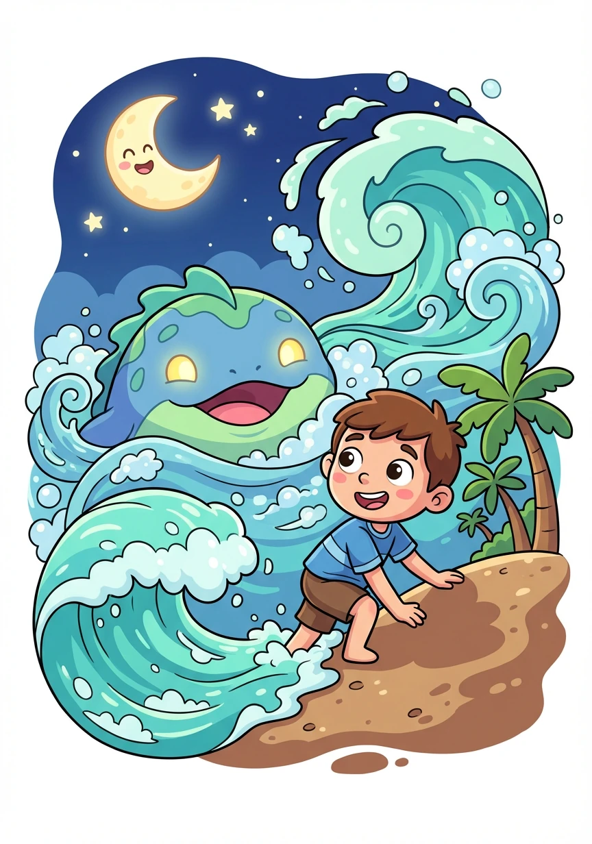 Mit einem tiefen Seufzer öffnete das Meereswesen seine Augen, und die Wellen begannen wieder zu tanzen. Johann kehrte erleichtert an Land zurück, wissend, dass er die Nacht gerettet hatte, als das Meer den Atem anhielt.