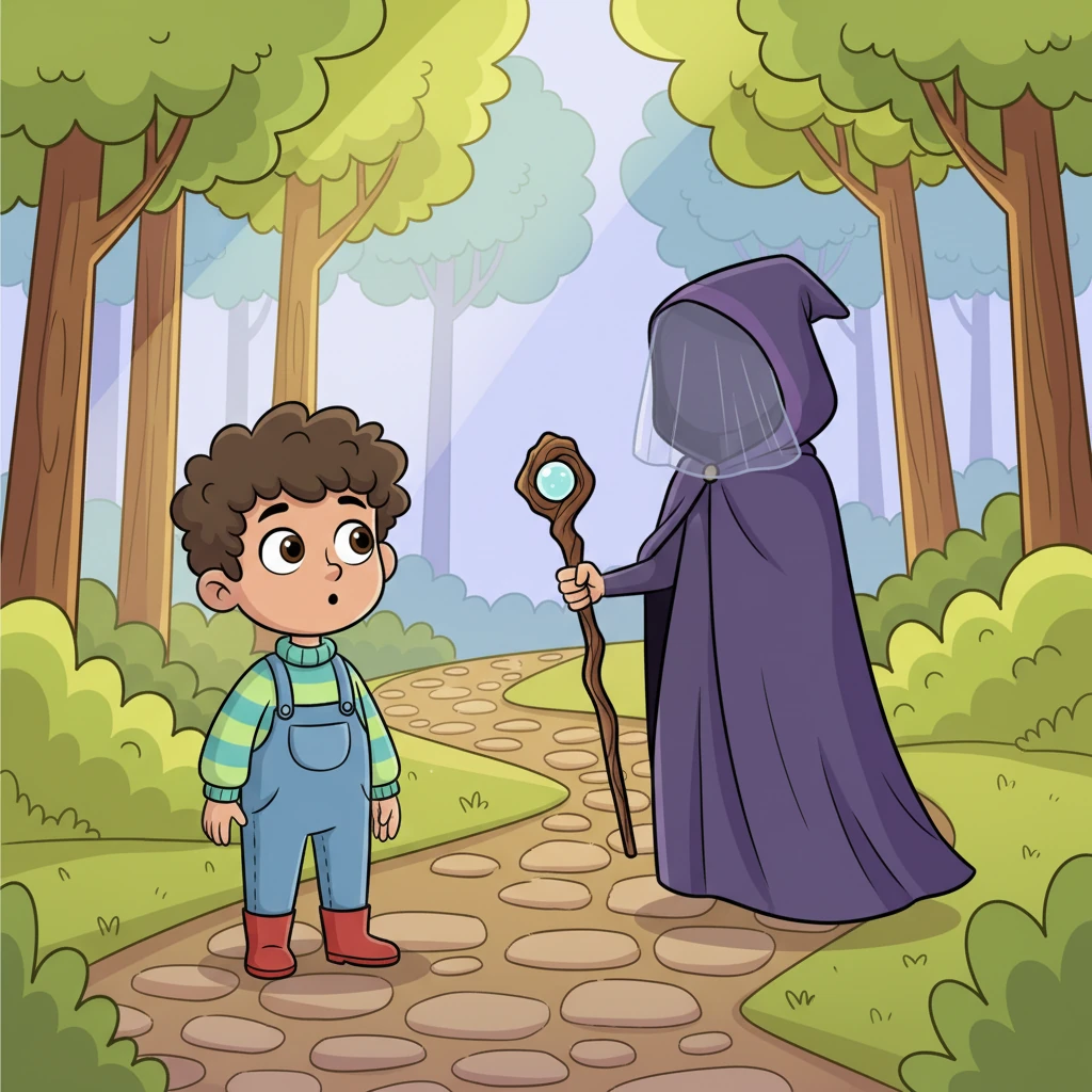 One afternoon, as Leo explored a quiet, winding path, he spotted her! A tall, shadowy figure in a long cloak, her face hidden by a veil, seemed to glide silently among the trees. Leo's heart did a little flip-flop, but mostly, he felt curious about the mysterious visitor.