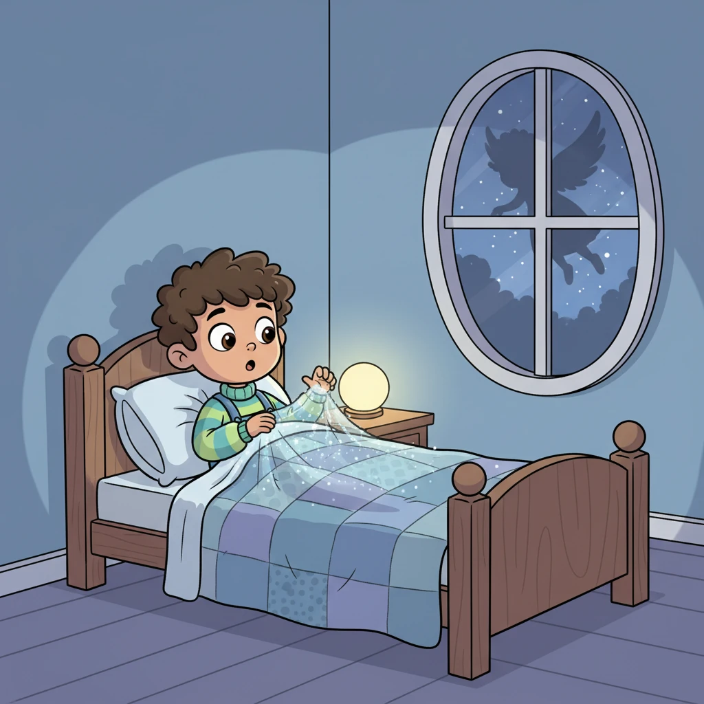 Suddenly, Leo stirred awake. He felt a gentle, feathery pressure on his chest, like a very light blanket had been placed there. A shadowy shape hovered briefly by his window, then disappeared as quickly as it came, leaving only a hint of moonlight behind.