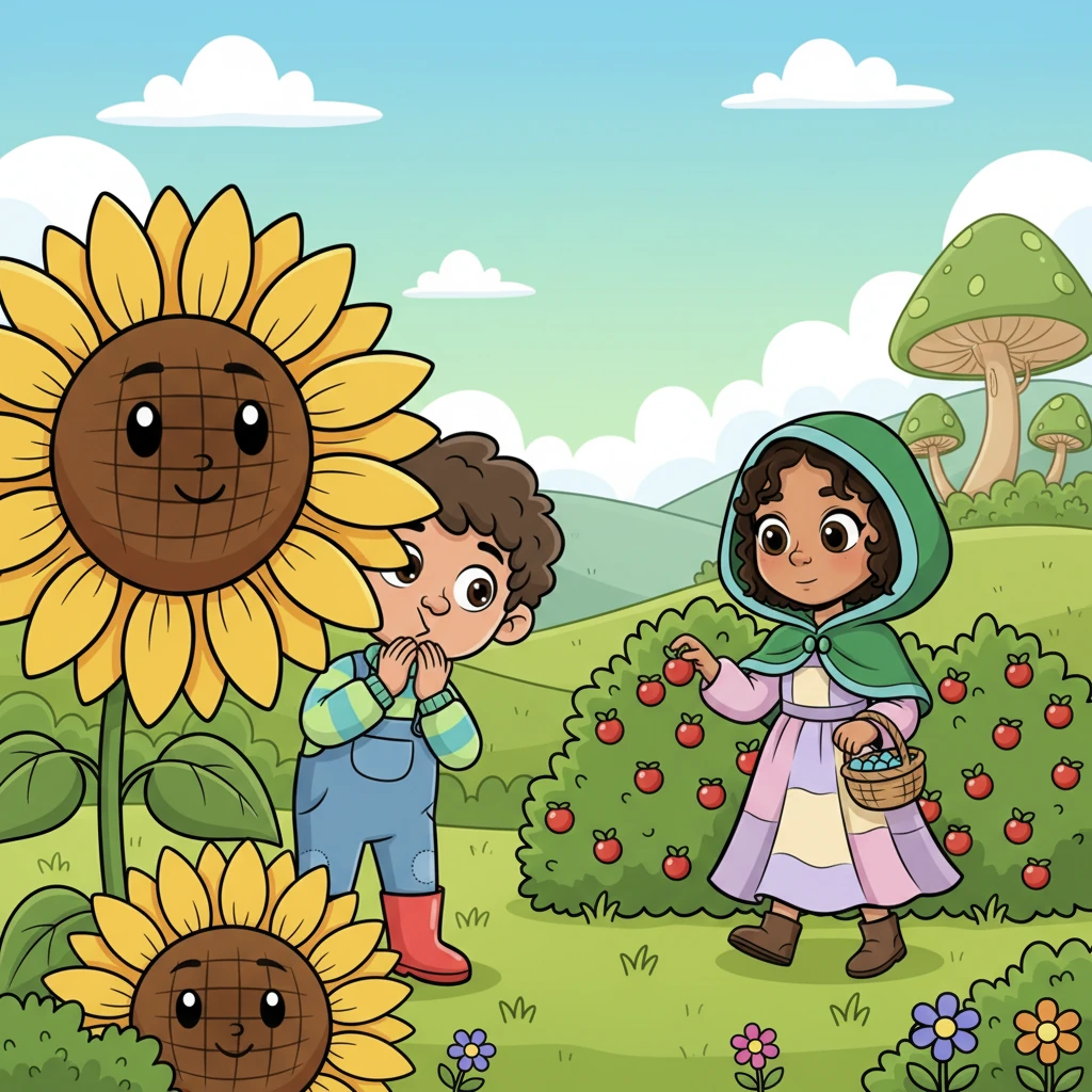 He waited, hidden behind a big, cheerful sunflower, peeking out shyly. Soon, the veiled figure appeared, her movements graceful and quiet. She picked up a berry, her long, slender fingers surprisingly delicate. Leo took a deep breath and bravely stepped out from his hiding spot.