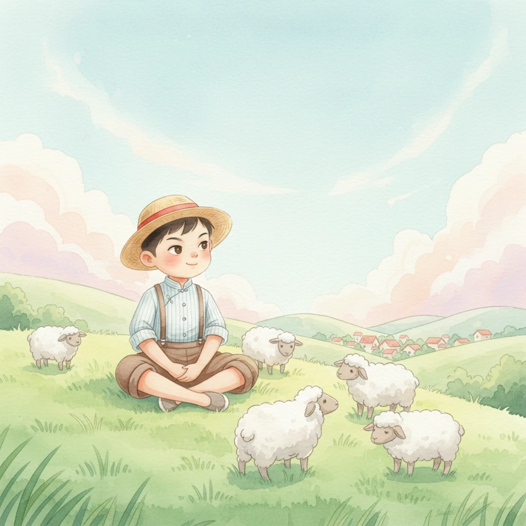 阳光洒在翠绿的山坡上，小明坐在柔软的草地上，看着一群洁白的羊儿悠闲地吃草。微风轻抚着他的脸颊，他感到一丝无聊，眼珠子骨碌碌地转着，心里冒出了一个顽皮的念头。远处的村庄屋顶在阳光下闪闪发光，一切都显得那么宁静祥和。