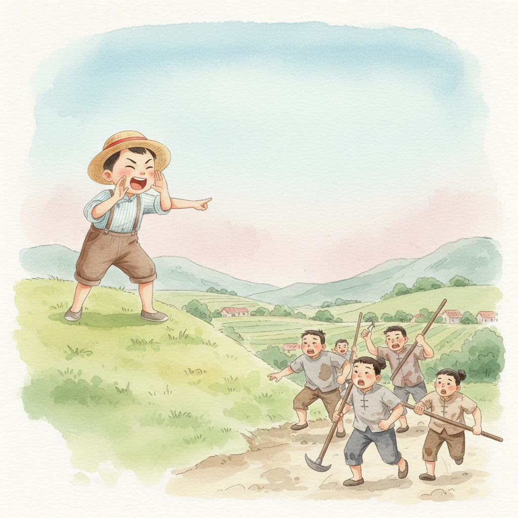 突然，小明猛地站起来，扯着嗓子大喊：“狼来了！狼来了！”他的脸上带着一丝恶作剧的笑容，看着山下忙碌的村民们纷纷放下手中的活计。大家拿着锄头、木棍，焦急地冲上山坡，汗水浸湿了他们的衣衫。当村民们气喘吁吁地赶到时，小明却指着空荡荡的山谷，咯咯地笑了起来，说：“哈哈，我骗你们的！”