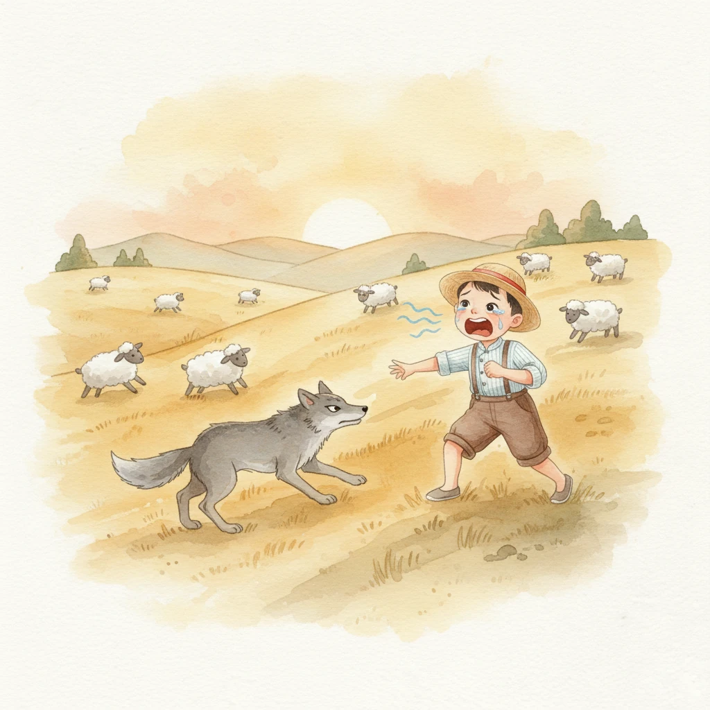 傍晚时分，夕阳将山坡染成一片金黄，真正的狼悄无声息地出现了。它灰色的身影在羊群中穿梭，惊恐的羊儿四散奔逃。小明吓得脸色苍白，拼命地大喊：“狼来了！真的狼来了！”他的声音因为恐惧而颤抖，眼泪也忍不住流了下来。