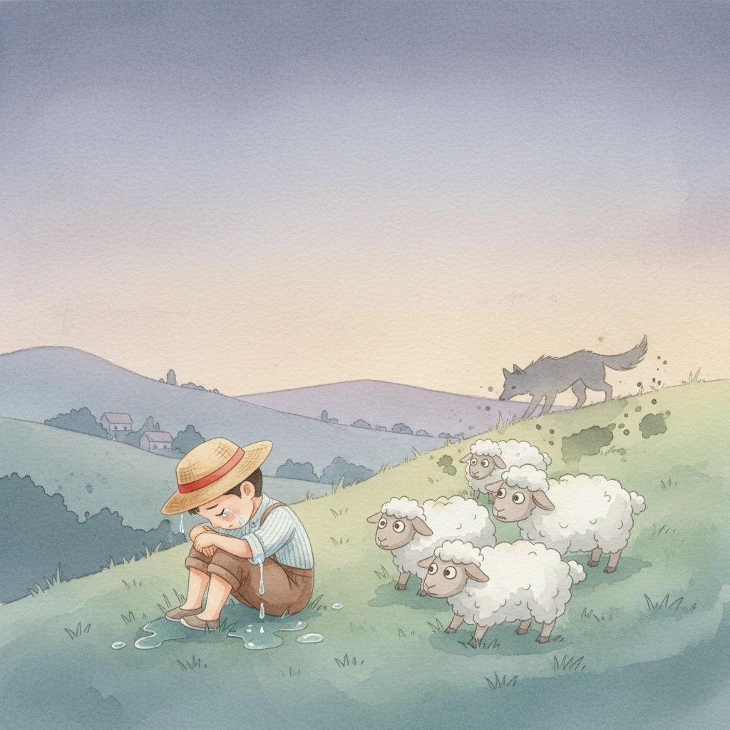 然而，这次无论小明怎么喊，村子里都没有人回应。村民们以为他又在撒谎，对他的呼喊充耳不闻。当夜幕降临，小明看着被狼叼走的几只羊，和剩下惊魂未定的羊群，他坐在山坡上，感到前所未有的后悔和孤独。他低着头，眼泪滴落在草地上，明白了一个深刻的道理。