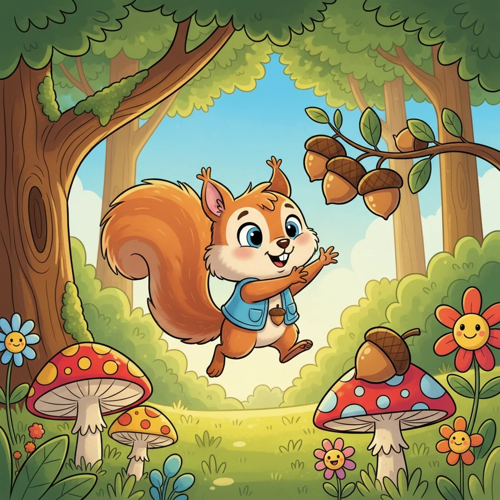 Pip, a tiny squirrel with fluffy ears and a bushy tail, happily gathered acorns in the sunny Whiskerwood Forest. He hopped from branch to branch, his eyes sparkling with delight as he found the plumpest nuts. The forest floor was a riot of cheerful greens and yellows, with oversized mushrooms and whimsical flowers.
