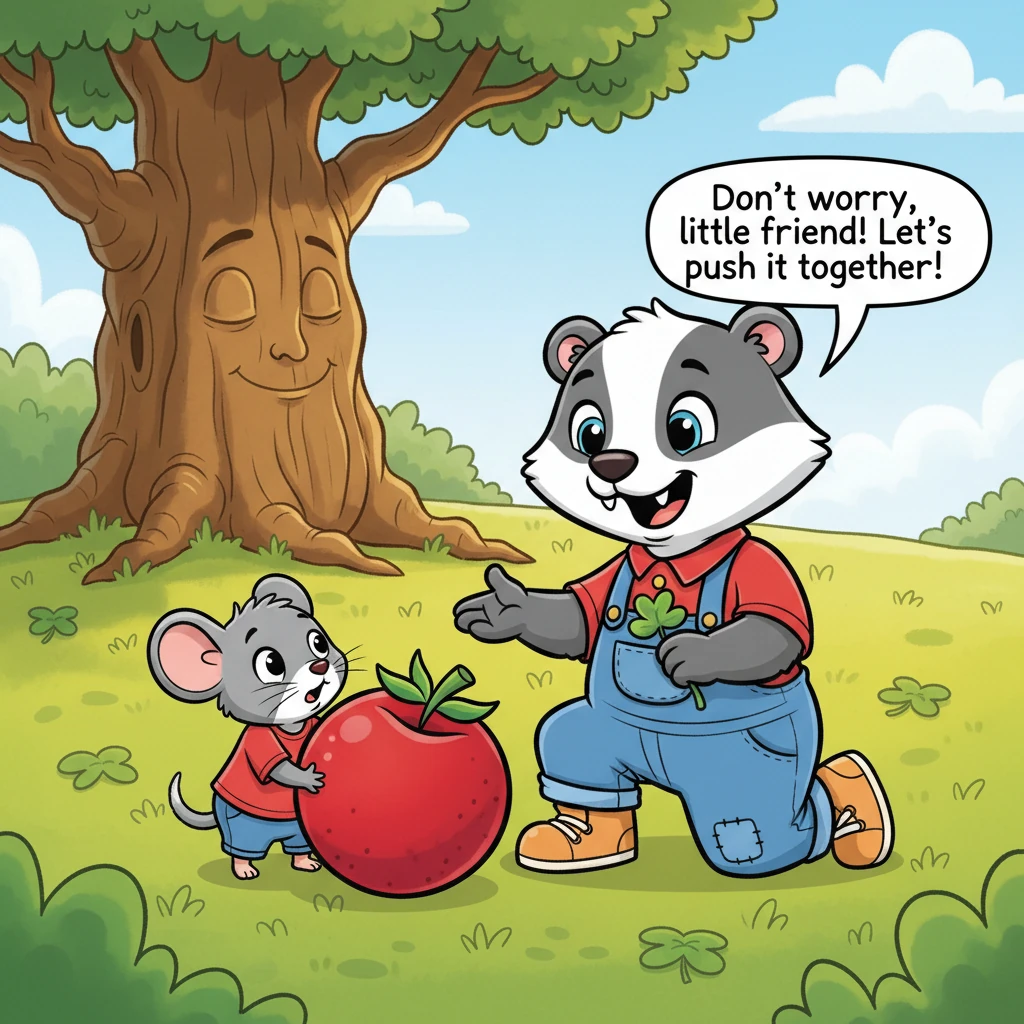 As the berry rolled near a big, sleepy tree, Pip bumped into Barnaby the Bear, who was munching on some sweet clover. Barnaby, with his big, friendly smile, saw Pip's predicament and immediately offered to help. "Don't worry, little friend!" he rumbled, "Let's push it together!"