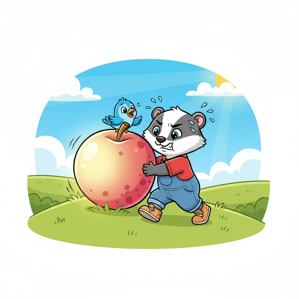 Pip and Barnaby put their shoulders to the glowing berry, pushing with all their might up a small, grassy hill. Barnaby puffed and Pip squeaked, their exaggerated efforts making the berry wobble with each push. The sun shone down, highlighting their playful struggle.