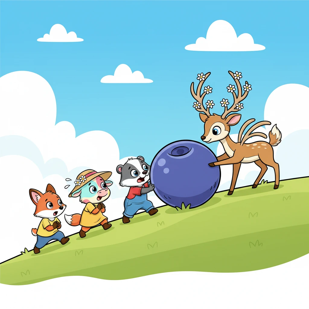 Just as they thought they might not make it, Daisy the Deer gracefully pranced over. Seeing their teamwork, she gently nudged the berry with her soft nose, then used her elegant antlers to guide it from behind. Her help made the berry roll much more smoothly.