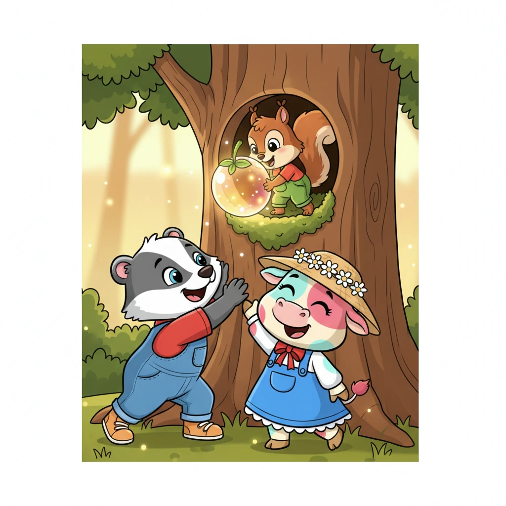 With a final, joyful push, the three friends guided the shimmering berry right into Pip's cozy tree hollow home. It fit perfectly, filling the little space with its magical, soft light. Pip's home looked extra special and inviting.