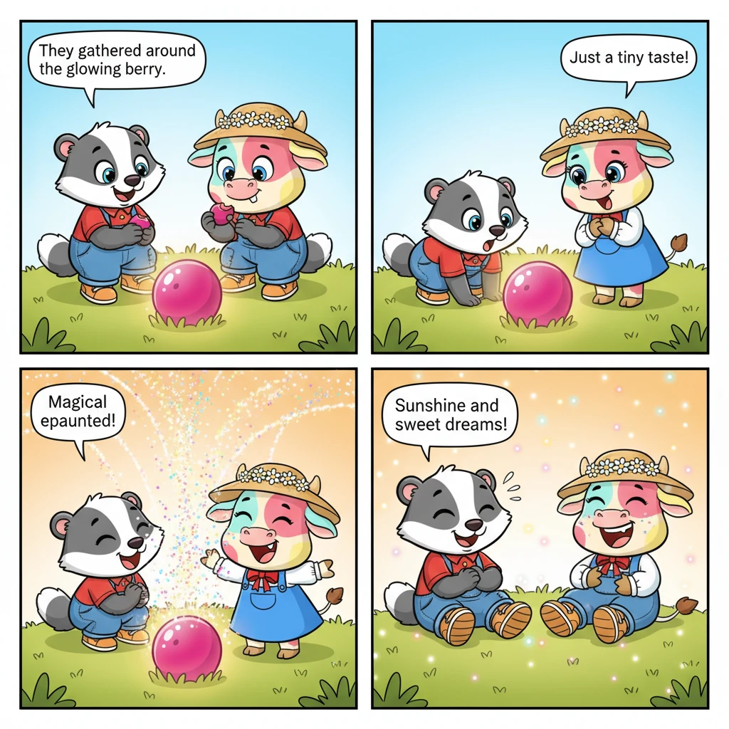 Pip, Barnaby, and Daisy gathered around the glowing berry. Pip carefully nibbled a tiny piece, and a shower of magical sparkles erupted, making them all burst into happy giggles. The berry tasted like sunshine and sweet dreams, a truly delightful treat.